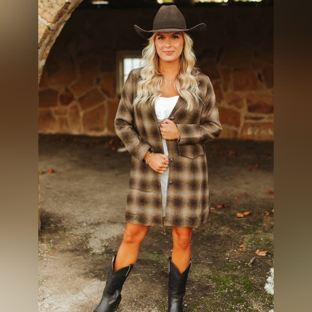 NWT Brown Plaid Western Yoke Long Sleeve Long Blazer